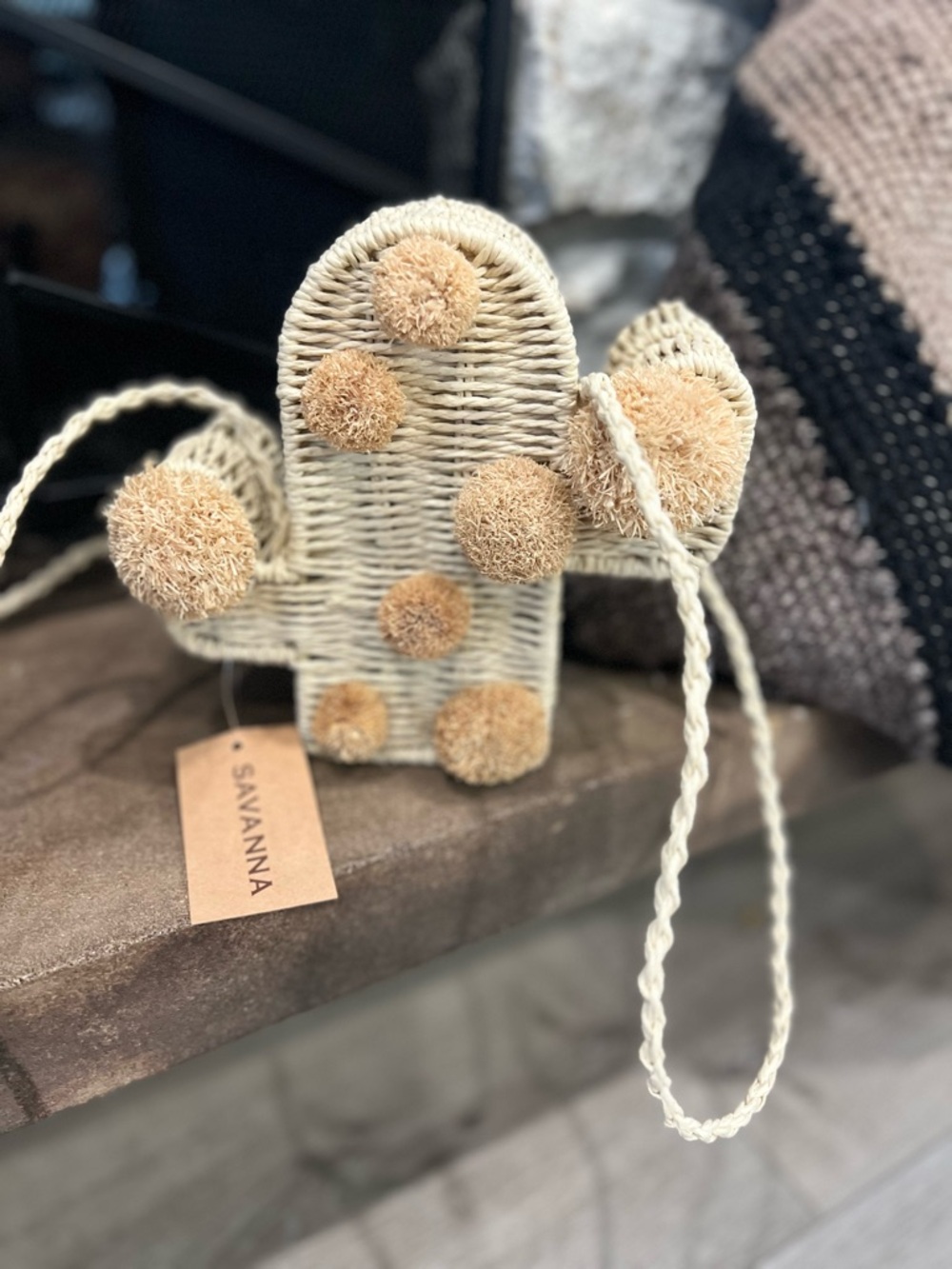 Savannah Natural Woven Cactus Crossbody Bag with Tan Pom Poms